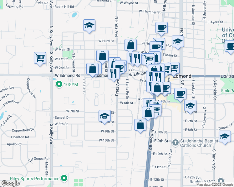 map of restaurants, bars, coffee shops, grocery stores, and more near 216 West 5th Street in Edmond