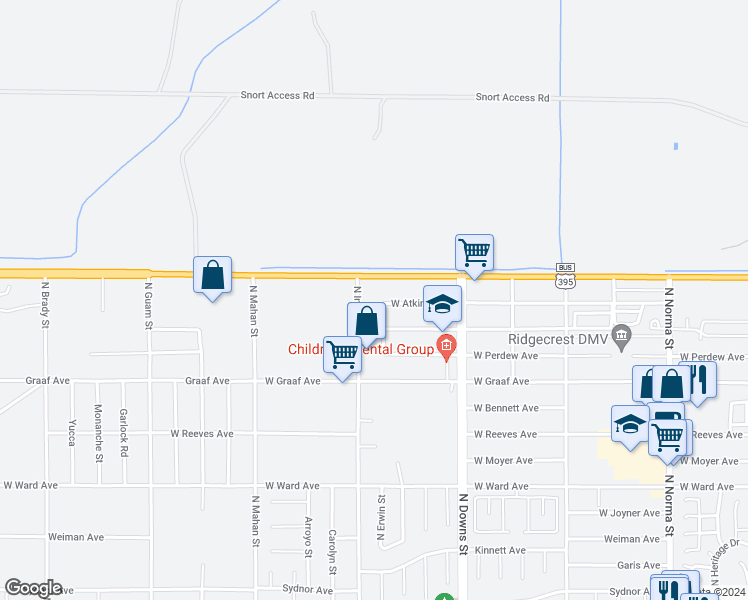 map of restaurants, bars, coffee shops, grocery stores, and more near 1024 West Atkins Avenue in Ridgecrest