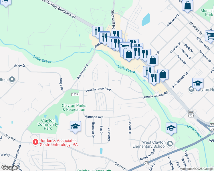 map of restaurants, bars, coffee shops, grocery stores, and more near 29 Verrazano Place in Clayton