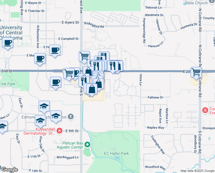 map of restaurants, bars, coffee shops, grocery stores, and more near 1730 East 2nd Street in Edmond