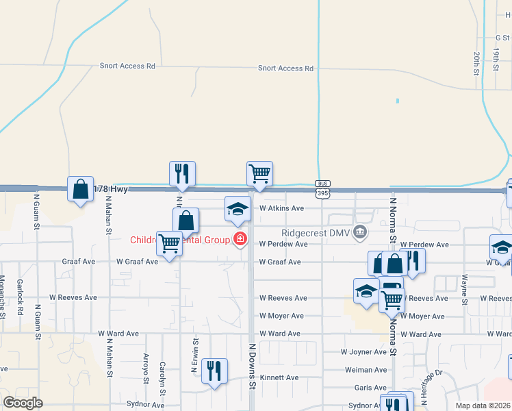 map of restaurants, bars, coffee shops, grocery stores, and more near 829 Atkins Street in Ridgecrest