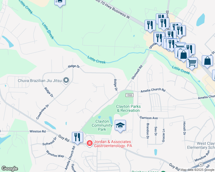map of restaurants, bars, coffee shops, grocery stores, and more near 116 Farmington Drive in Clayton