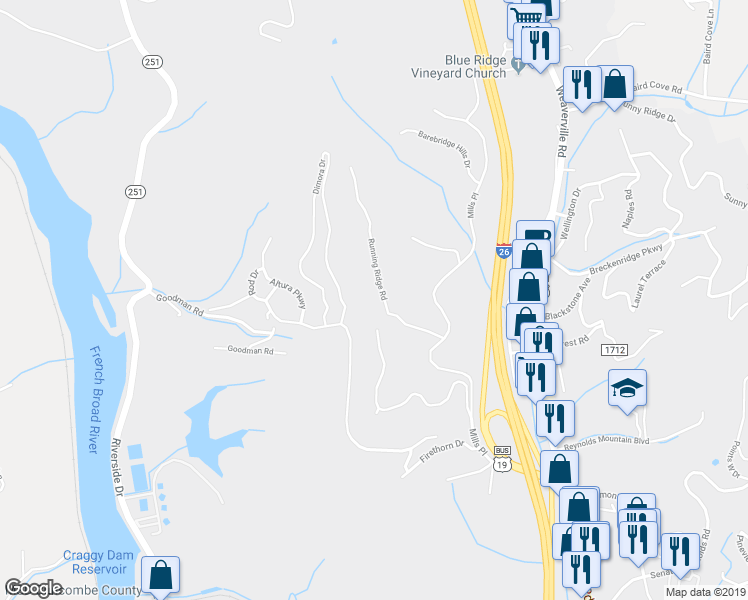 map of restaurants, bars, coffee shops, grocery stores, and more near 50 Running Ridge Road in Asheville