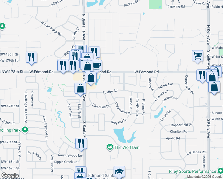 map of restaurants, bars, coffee shops, grocery stores, and more near 501 Old English Road in Edmond