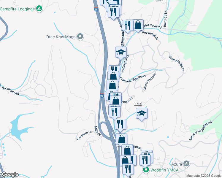map of restaurants, bars, coffee shops, grocery stores, and more near 194 Weaverville Road in Asheville