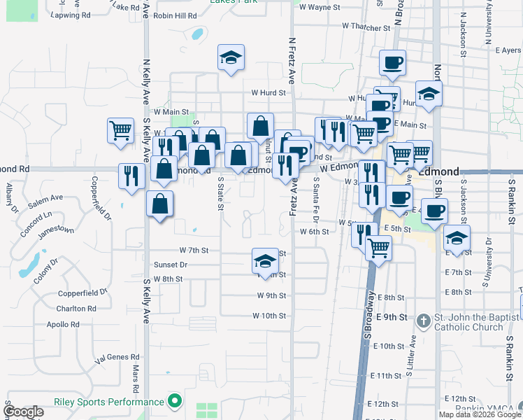 map of restaurants, bars, coffee shops, grocery stores, and more near 400 West Edmond Road in Edmond