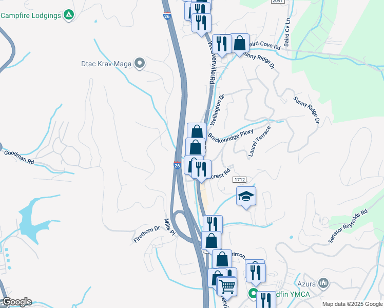 map of restaurants, bars, coffee shops, grocery stores, and more near 194 Weaverville Road in Asheville