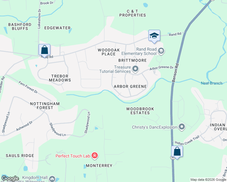 map of restaurants, bars, coffee shops, grocery stores, and more near 1008 Arbor Greene Drive in Garner