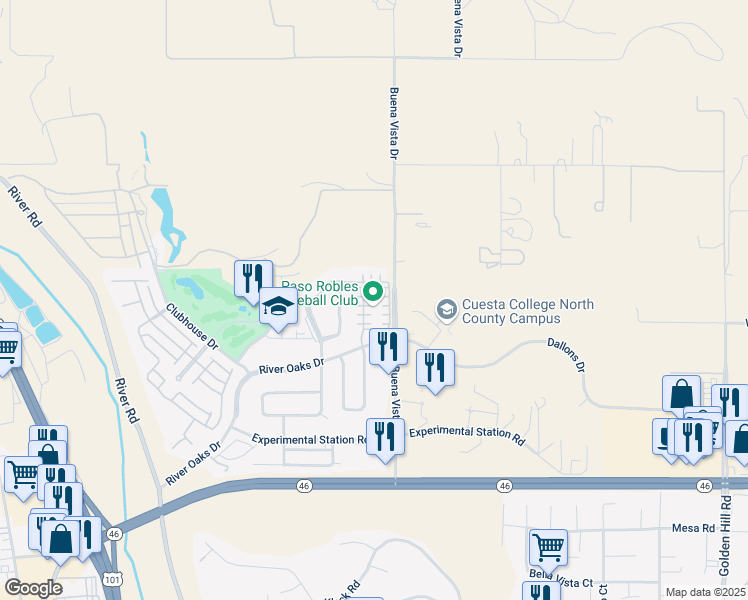 map of restaurants, bars, coffee shops, grocery stores, and more near 2818 Cottage Lane in Paso Robles