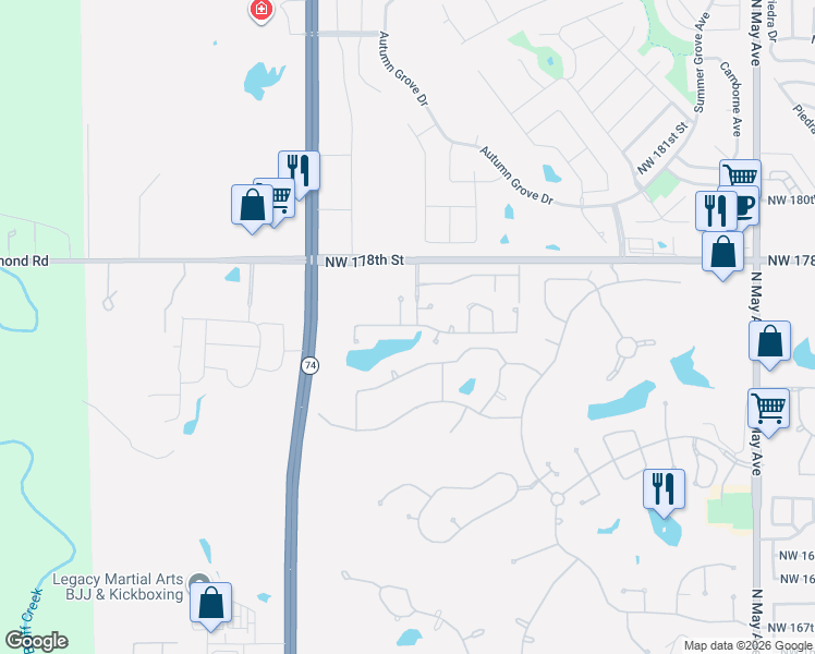 map of restaurants, bars, coffee shops, grocery stores, and more near 3524 Northwest 176th Street in Edmond