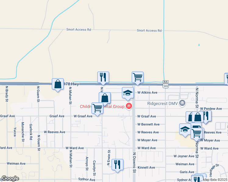map of restaurants, bars, coffee shops, grocery stores, and more near 1008 West Atkins Avenue in Ridgecrest