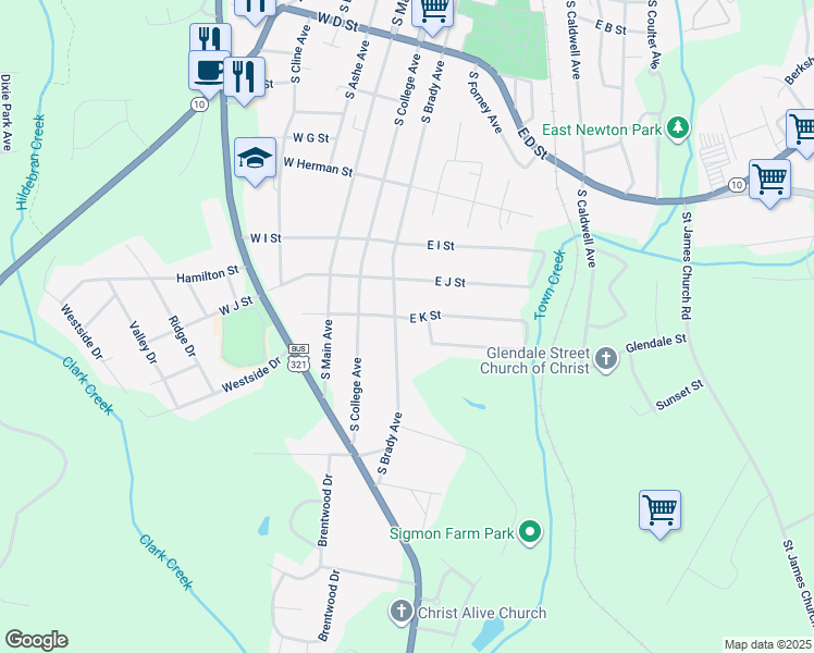 map of restaurants, bars, coffee shops, grocery stores, and more near 1007 South Brady Avenue in Newton