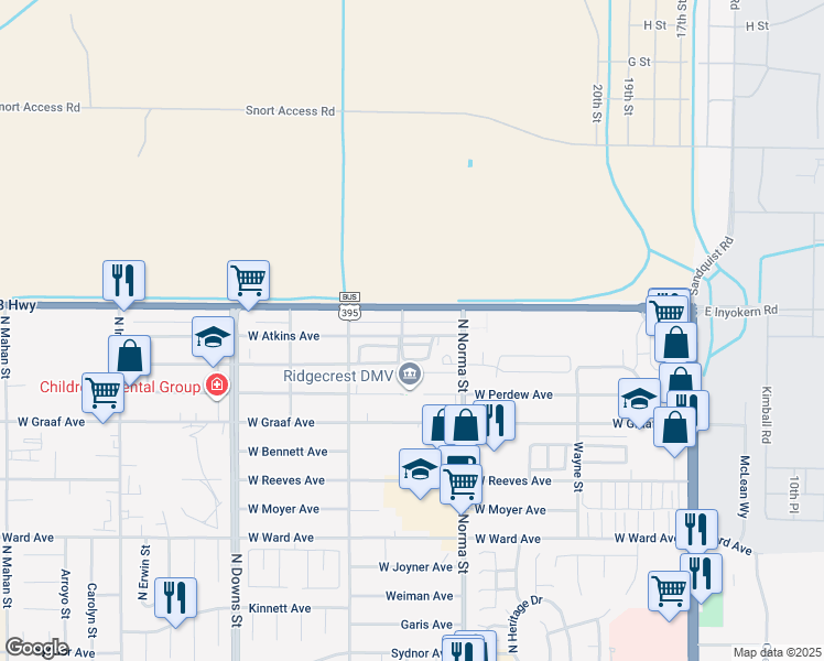 map of restaurants, bars, coffee shops, grocery stores, and more near 538 West Atkins Avenue in Ridgecrest