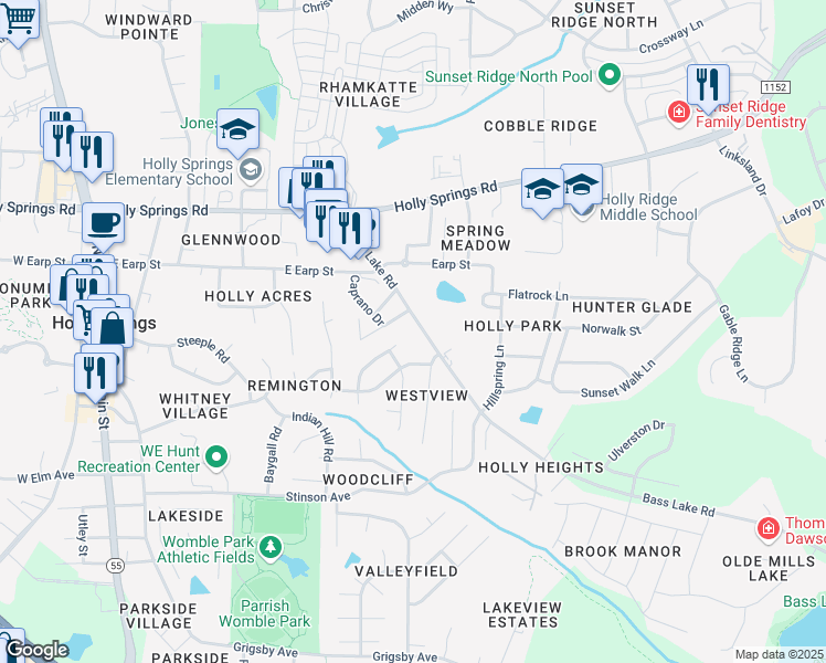 map of restaurants, bars, coffee shops, grocery stores, and more near 234 Bass Lake Road in Holly Springs