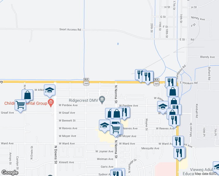 map of restaurants, bars, coffee shops, grocery stores, and more near 518 West Atkins Avenue in Ridgecrest