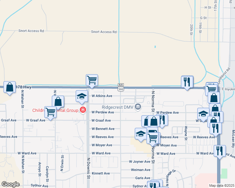 map of restaurants, bars, coffee shops, grocery stores, and more near 702 West Atkins Avenue in Ridgecrest