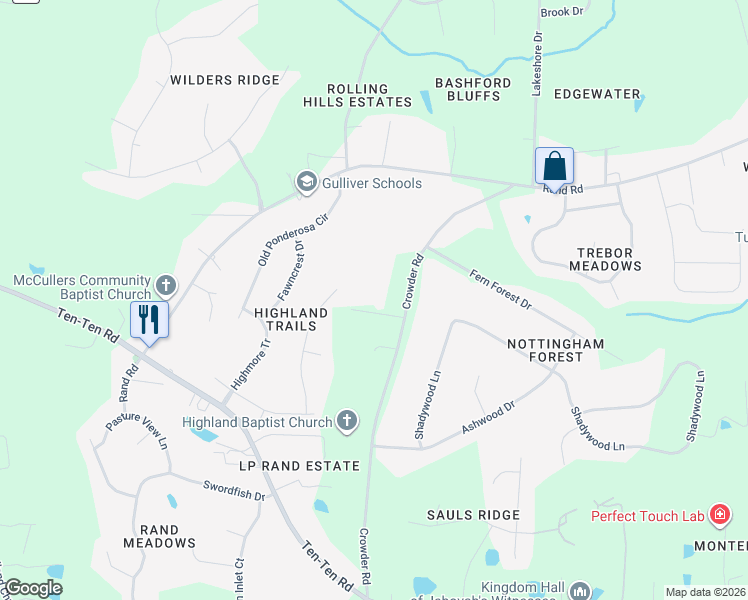 map of restaurants, bars, coffee shops, grocery stores, and more near 8424 Crowder Road in Raleigh