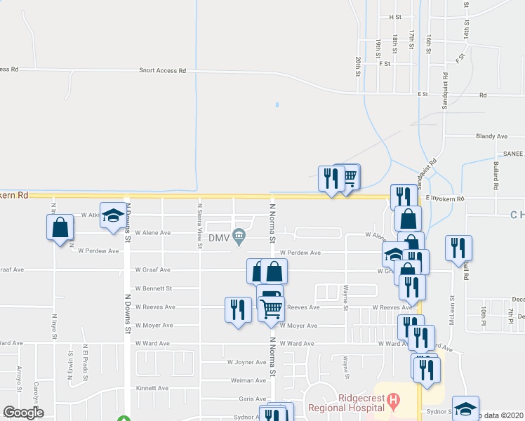 map of restaurants, bars, coffee shops, grocery stores, and more near 509 West Atkins Avenue in Ridgecrest
