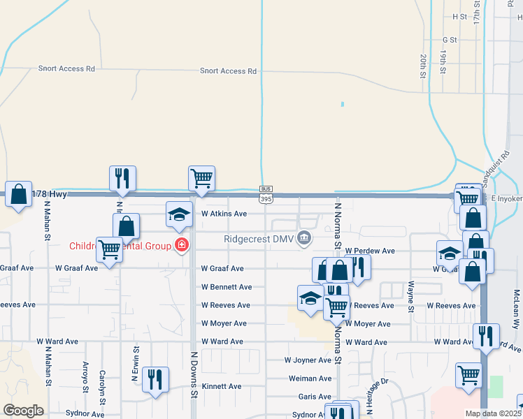 map of restaurants, bars, coffee shops, grocery stores, and more near 709 Atkins Street in Ridgecrest