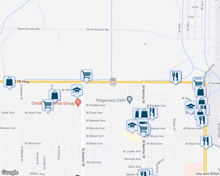 map of restaurants, bars, coffee shops, grocery stores, and more near 709 Atkins Street in Ridgecrest