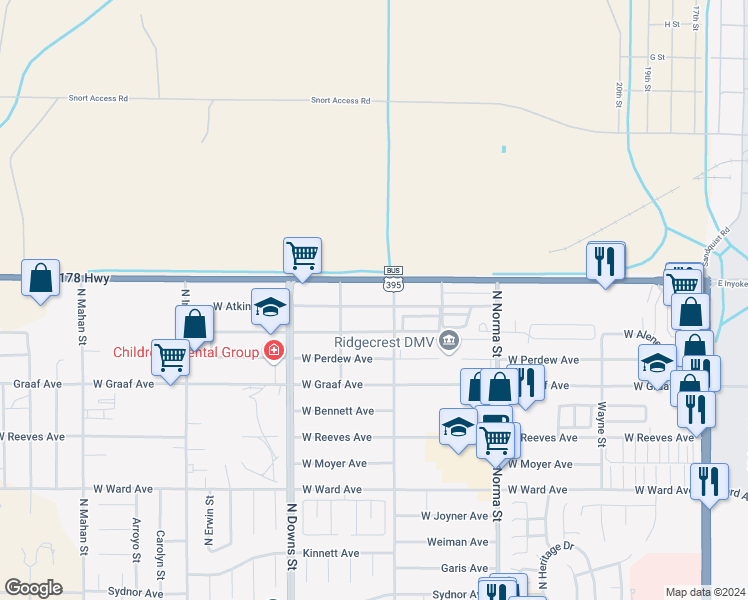 map of restaurants, bars, coffee shops, grocery stores, and more near 709 Atkins Street in Ridgecrest