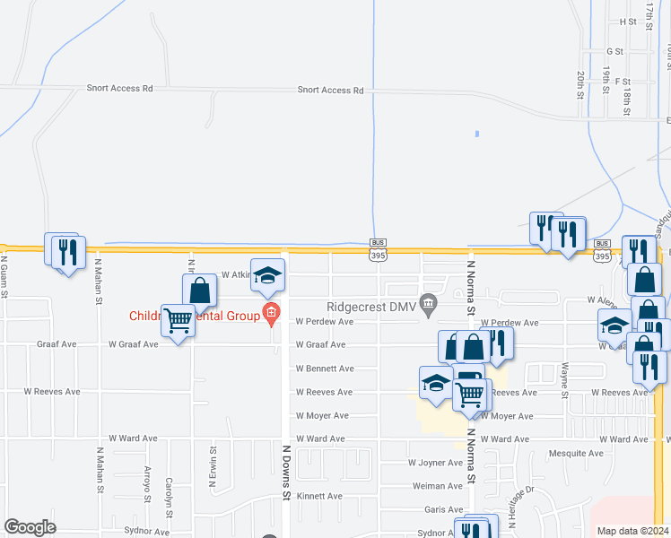 map of restaurants, bars, coffee shops, grocery stores, and more near 737 Atkins Street in Ridgecrest