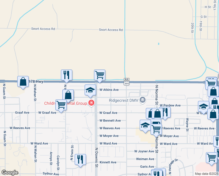 map of restaurants, bars, coffee shops, grocery stores, and more near 737 Atkins Street in Ridgecrest