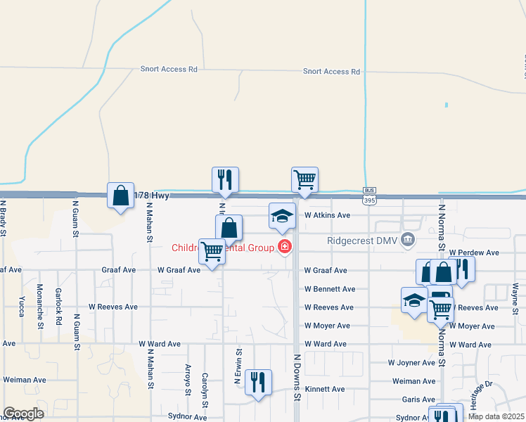 map of restaurants, bars, coffee shops, grocery stores, and more near 1001 Atkins Street in Ridgecrest