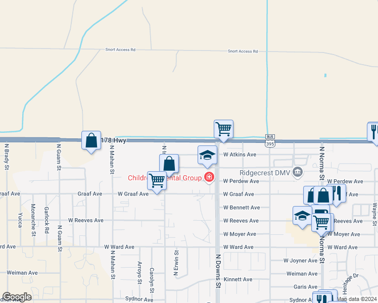 map of restaurants, bars, coffee shops, grocery stores, and more near 1001 Atkins Street in Ridgecrest
