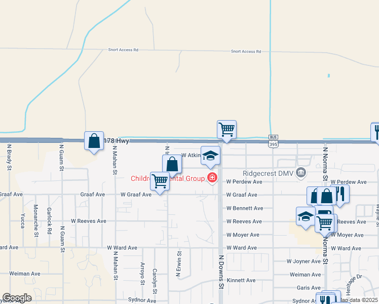 map of restaurants, bars, coffee shops, grocery stores, and more near 1001 Atkins Street in Ridgecrest