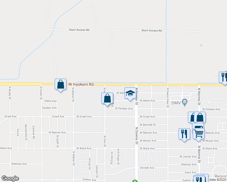map of restaurants, bars, coffee shops, grocery stores, and more near 1613 North Erwin Street in Ridgecrest