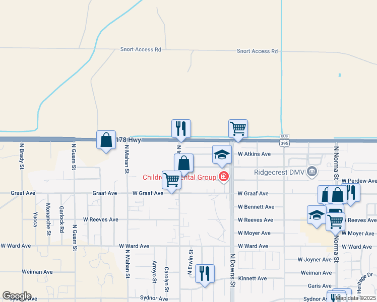 map of restaurants, bars, coffee shops, grocery stores, and more near 1613 North Erwin Street in Ridgecrest