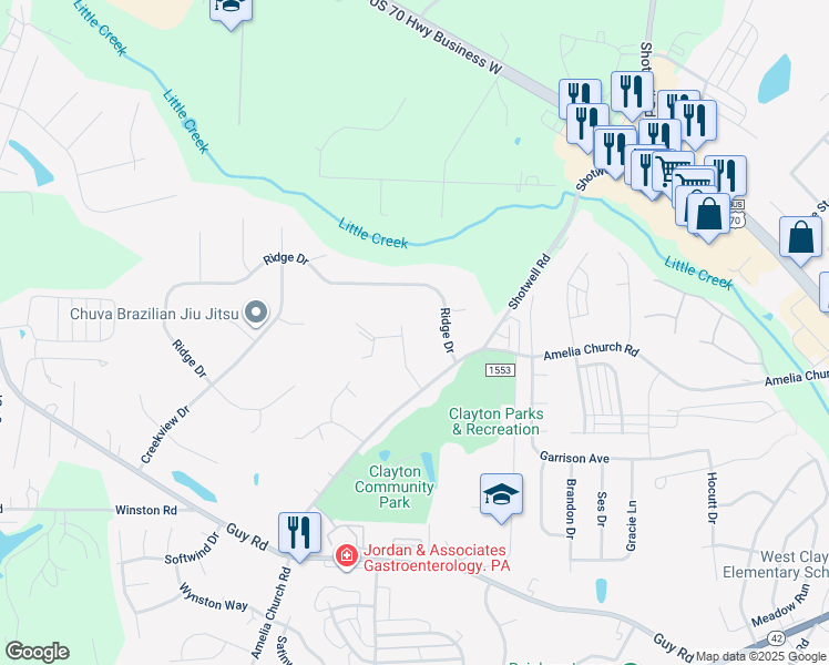 map of restaurants, bars, coffee shops, grocery stores, and more near 116 Farmington Drive in Clayton