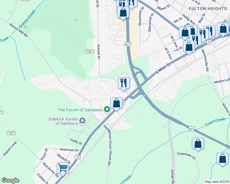 map of restaurants, bars, coffee shops, grocery stores, and more near 2304 South Main Street in Salisbury