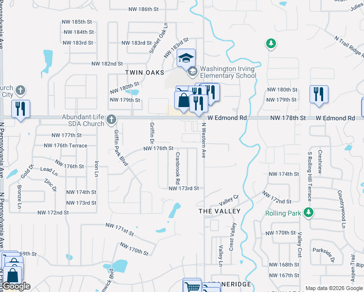 map of restaurants, bars, coffee shops, grocery stores, and more near 17616 Woodsorrel Road in Edmond