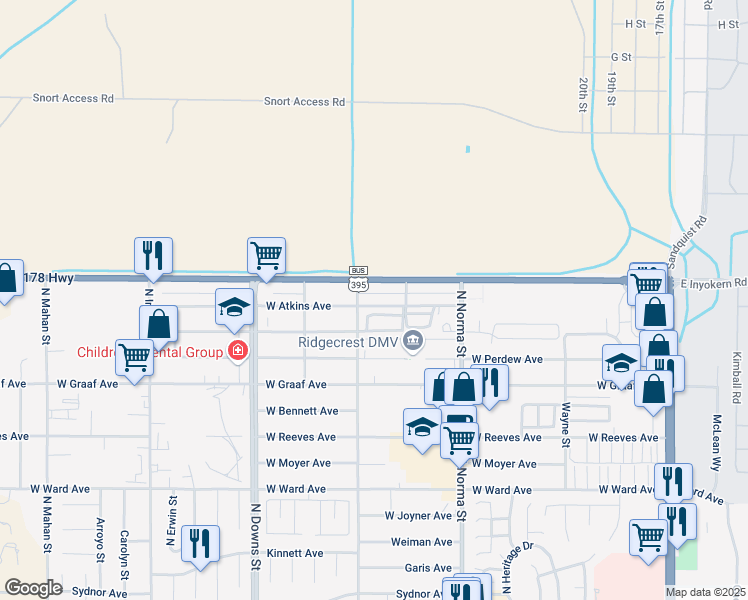 map of restaurants, bars, coffee shops, grocery stores, and more near 622 West Atkins Avenue in Ridgecrest