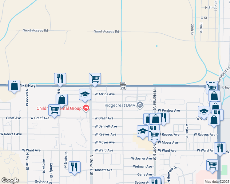 map of restaurants, bars, coffee shops, grocery stores, and more near 716 West Atkins Avenue in Ridgecrest