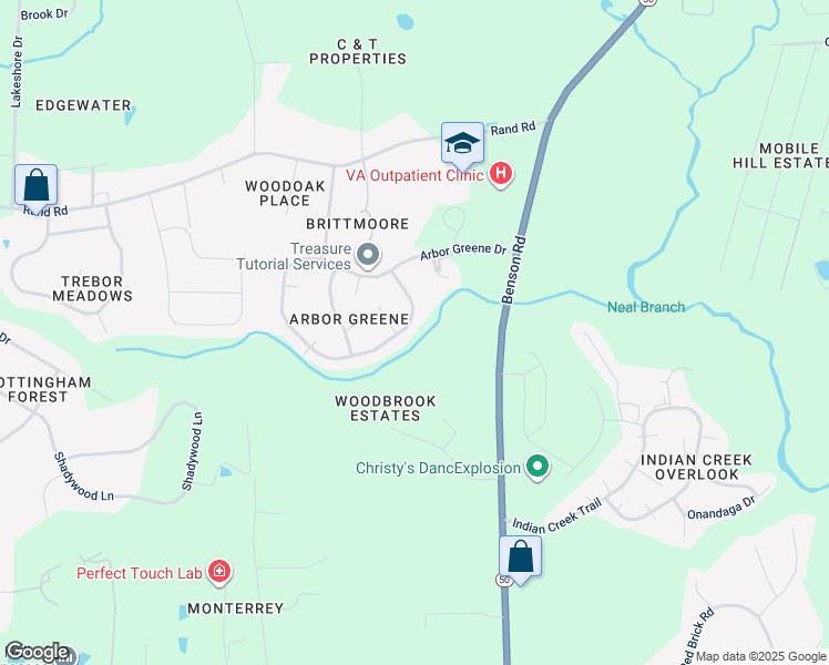 map of restaurants, bars, coffee shops, grocery stores, and more near 1300 Arbor Greene Drive in Garner