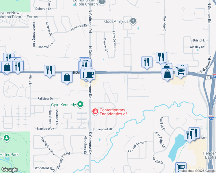 map of restaurants, bars, coffee shops, grocery stores, and more near 400 Manner Park Avenue in Edmond