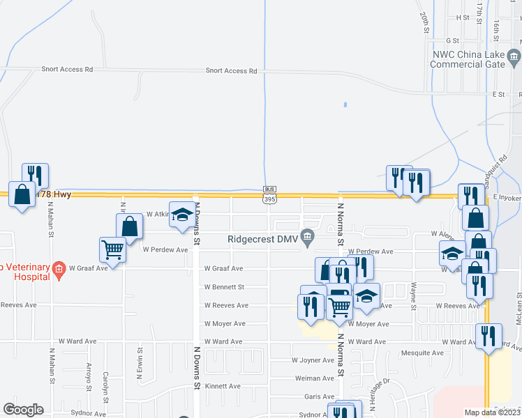 map of restaurants, bars, coffee shops, grocery stores, and more near 702 Atkins Street in Ridgecrest