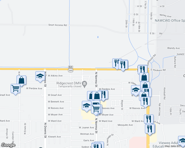 map of restaurants, bars, coffee shops, grocery stores, and more near 512 Atkins Street in Ridgecrest