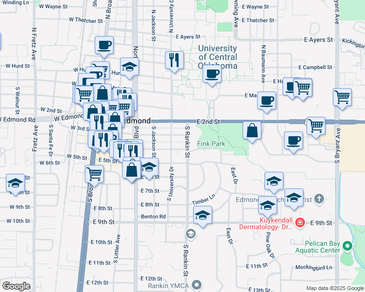 map of restaurants, bars, coffee shops, grocery stores, and more near 425 East 4th Street in Edmond