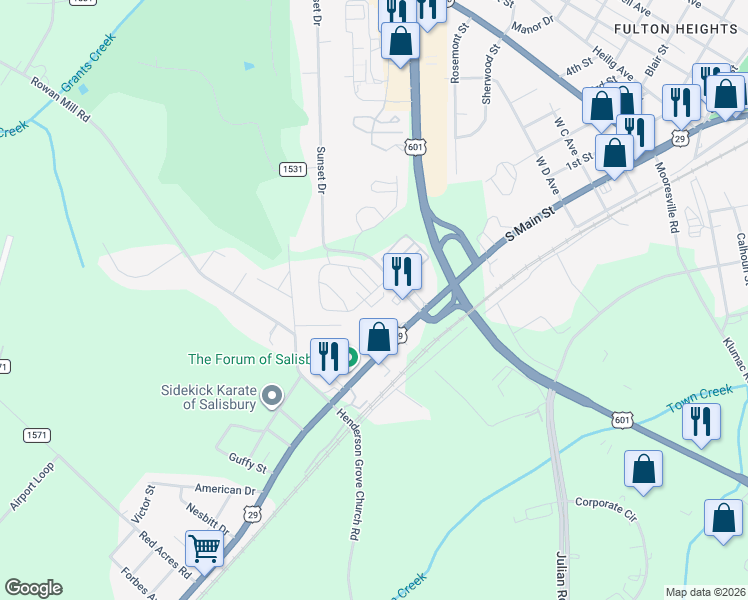 map of restaurants, bars, coffee shops, grocery stores, and more near 2304 South Main Street in Salisbury
