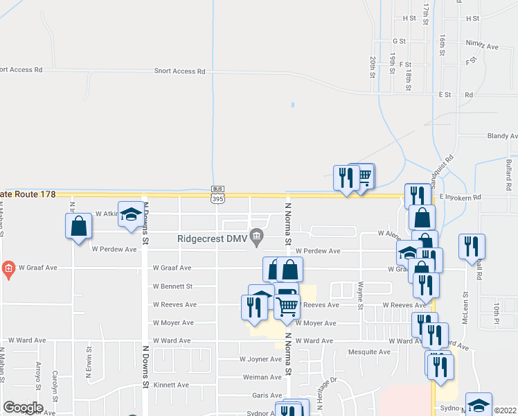 map of restaurants, bars, coffee shops, grocery stores, and more near 536 West Atkins Avenue in Ridgecrest