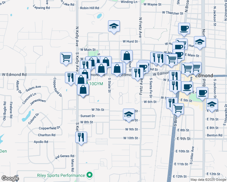 map of restaurants, bars, coffee shops, grocery stores, and more near 512 South State Street in Edmond