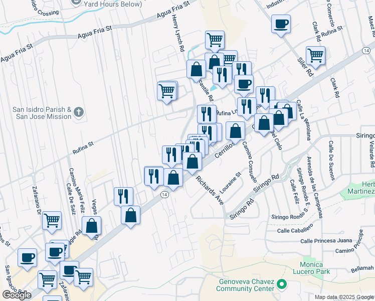 map of restaurants, bars, coffee shops, grocery stores, and more near 955 Richards Avenue in Santa Fe