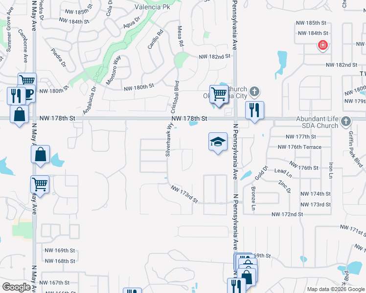 map of restaurants, bars, coffee shops, grocery stores, and more near 17612 Black Hawk Drive in Edmond