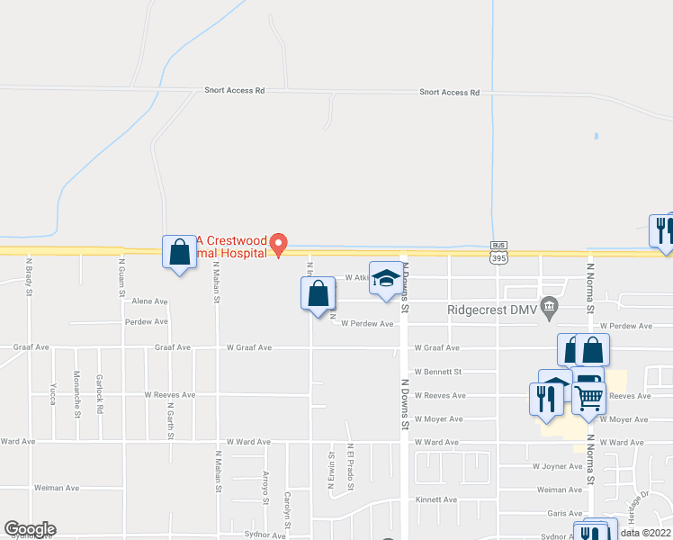 map of restaurants, bars, coffee shops, grocery stores, and more near 1016 West Atkins Avenue in Ridgecrest