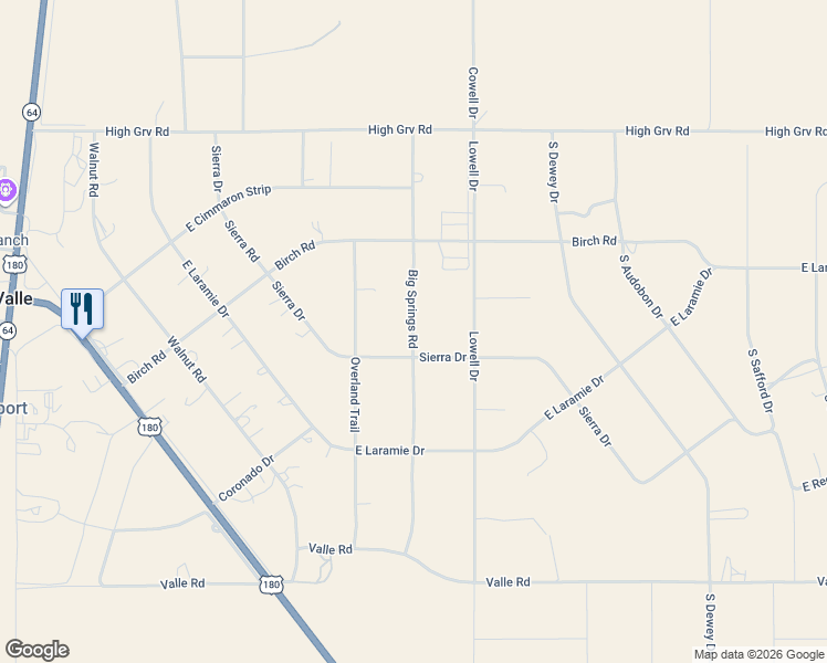 map of restaurants, bars, coffee shops, grocery stores, and more near Big Springs Road in Valle