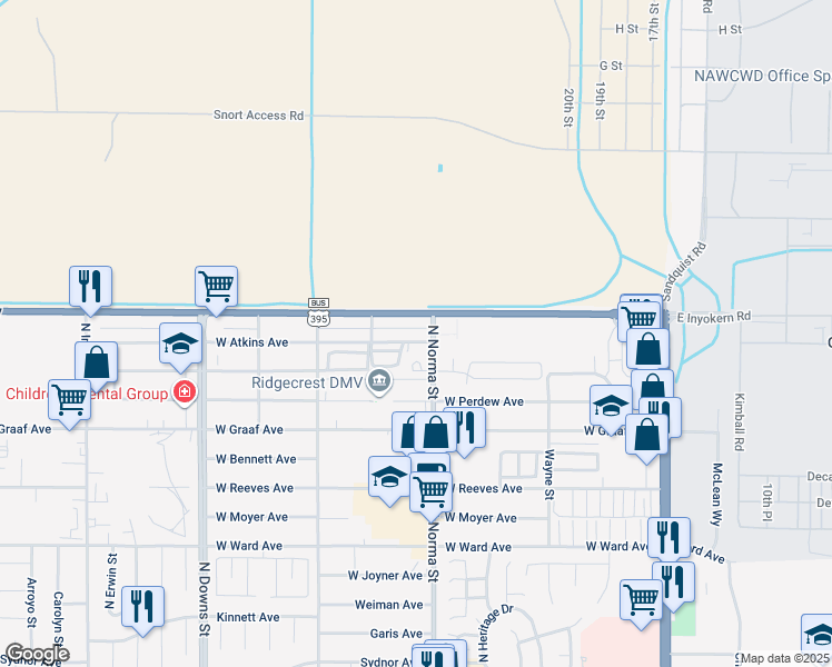 map of restaurants, bars, coffee shops, grocery stores, and more near 512 West Atkins Avenue in Ridgecrest